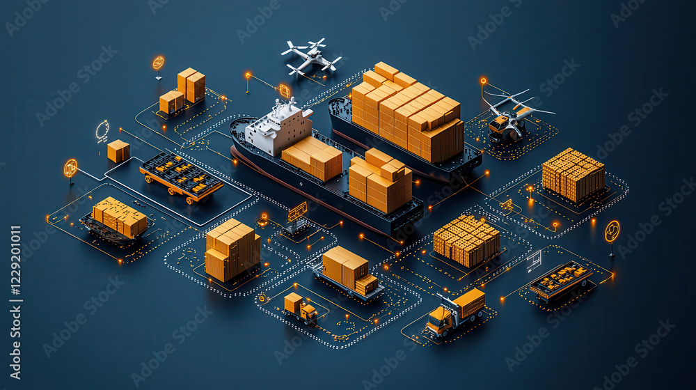 Aufkleber creative 3d infographic style representation of smart logistics system featuring cargo ships, drones