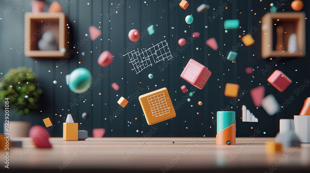 Poster creative digital art piece showcasing 3D representation of colorful geometric shapes floating in modern setting, evoking sense of wonder and imagination