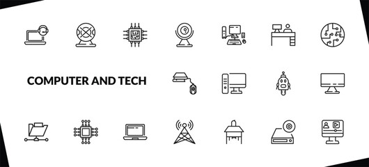 outline computer and tech icons set. editable linear webcam disconnected, computer chip, round webcam, and other 15 icons in this category isolated on transparent background.