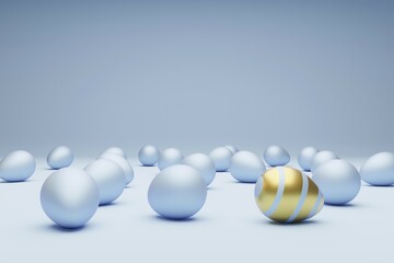 Many blue Easter eggs with golden egg on a blue background, modern Easter background, 3d rendering