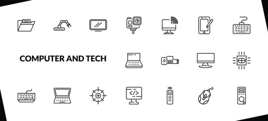 outline computer and tech icons set. editable linear robotic, monitor screen, action camera, and other 15 icons in this category isolated on transparent background.