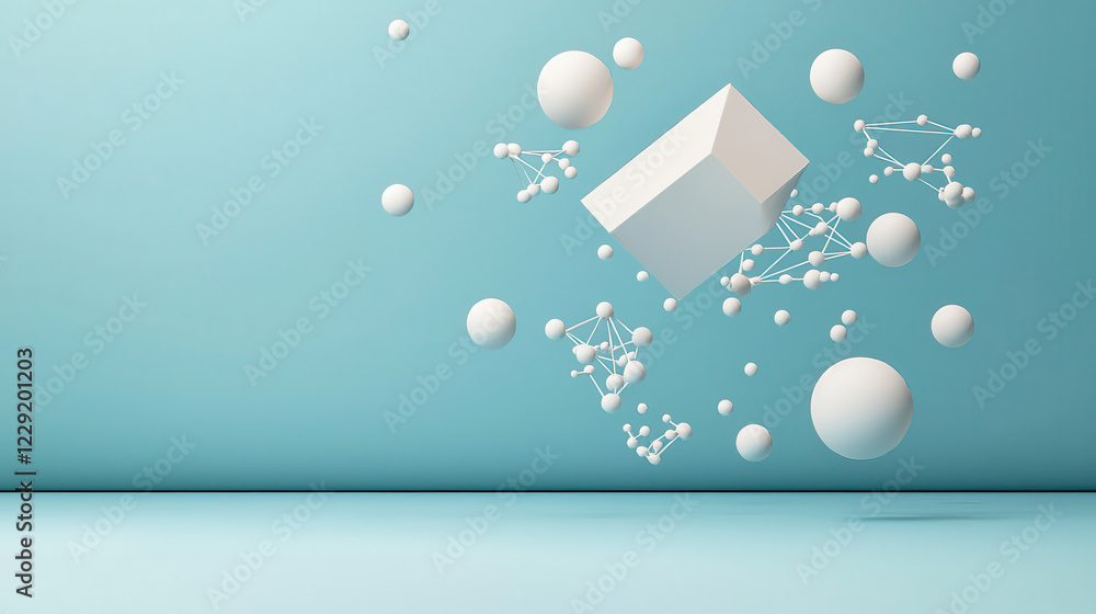 Poster creative digital art piece featuring 3d geometric shapes, including spheres and rectangular prism, f