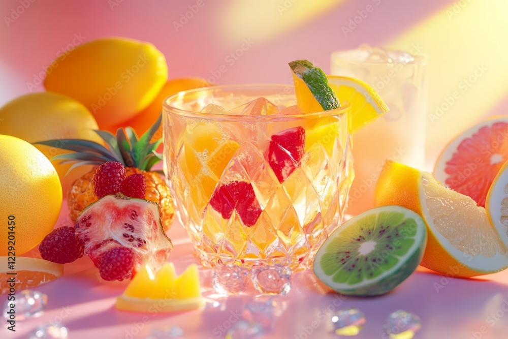 Poster glass of fruit juice with a slice of lime and a slice of kiwi in it.