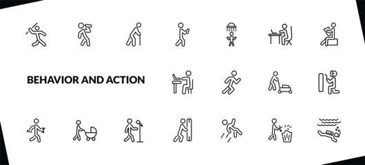 outline behavior and action icons set. editable linear man drinking, old man walking, man with mobile phone, and other 15 icons in this category isolated on transparent background.