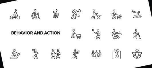 outline behavior and action icons set. editable linear cleaner man, man at restroom, stick man excersicing, and other 15 icons in this category isolated on transparent background.