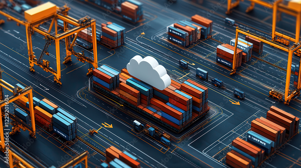 Poster detailed aerial view of vibrant container port with colorful shipping containers, cranes, and cloud 