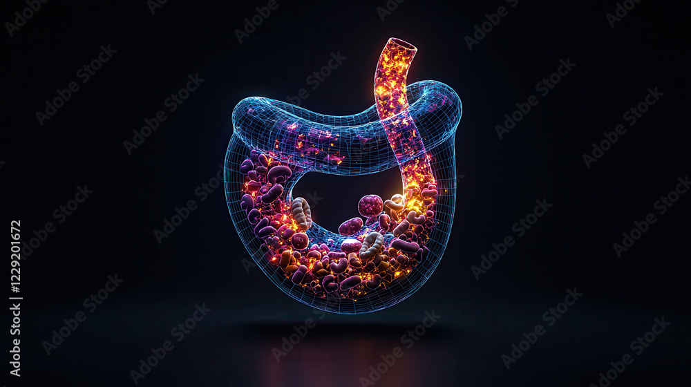 Poster detailed and realistic hologram of stomach with colorful particles, showcasing internal structure and function. This captivating visual represents complexity of digestive system
