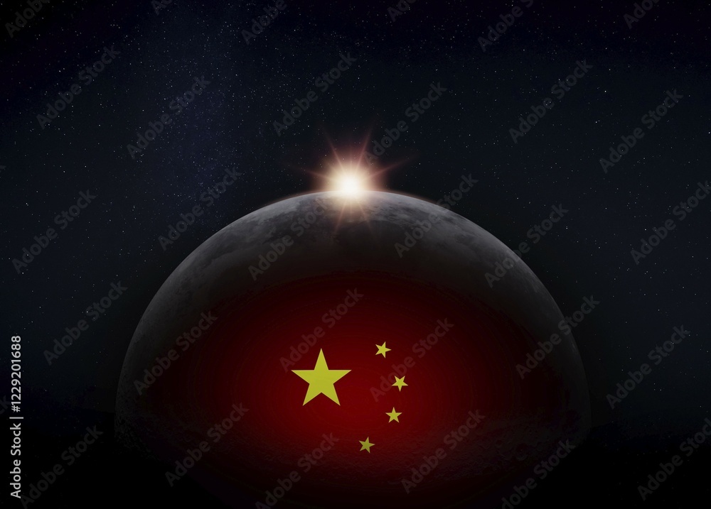 Poster view of the dark hidden side of the moon with the chinese flag on it and the sun behind it. negative