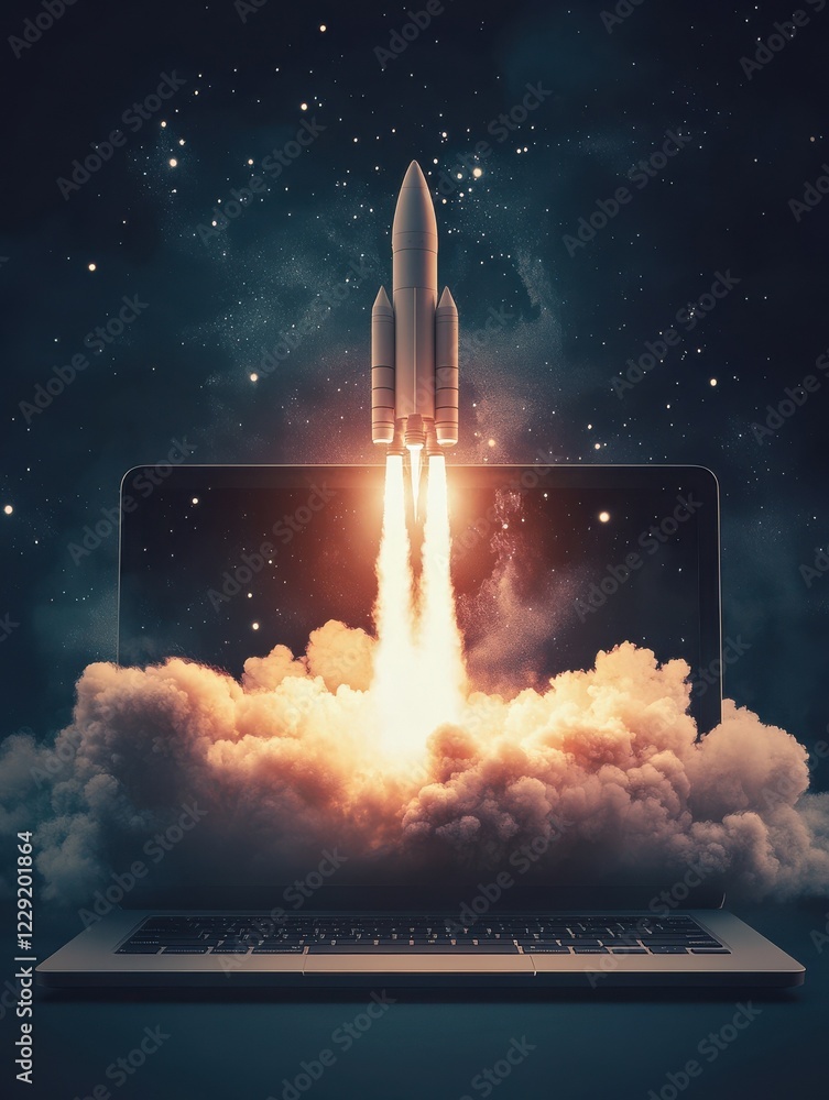 Aufkleber digital rocket launch artwork on laptop - this digital artwork features a rocket launch emanating fr