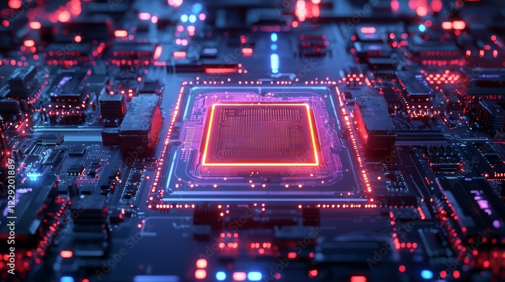 Poster high-tech circuit board with neon highlights