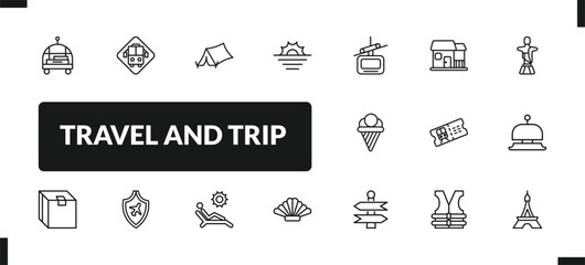 outline travel and trip icons set. editable linear bus stop, camping tent, sun, and other 14 icons in this category isolated on transparent background.