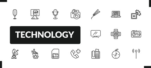 outline technology icons set. editable linear email agenda, big microphone, vintage digital camera, and other 14 icons in this category isolated on transparent background.