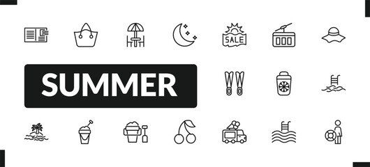 outline summer icons set. editable linear beach bag, terrace, moon, and other 14 icons in this category isolated on transparent background.