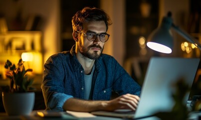 Focused project manager using AI technology for project scope definition and management in modern office at night, with data visualization on screens and serious expression, 