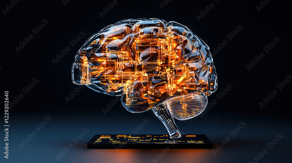 Aufkleber detailed 3D rendering of transparent brain with glowing circuitry, symbolizing advanced technology and artificial intelligence. intricate design showcases innovation and creativity