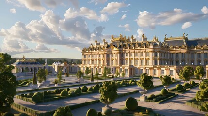 Naklejka premium A grandiose palace with formal gardens under a clear blue sky, Paris, illustration, AI generated