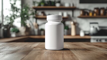 Simple white supplement bottle mockup on a blurred kitchen background, ideal for presenting logo designs and packaging concepts in a minimalistic style.