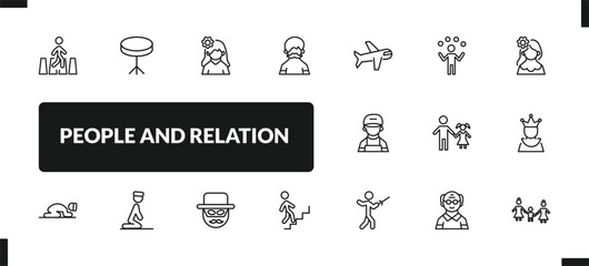 outline people and relation icons set. editable linear round table, woman with flower, hairy, and other 14 icons in this category isolated on transparent background.