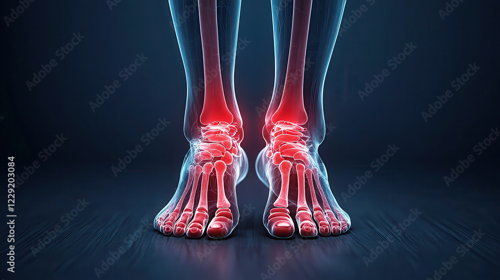 Poster detailed x ray image of human foot showing bones and joints, highlighting areas of potential injury 