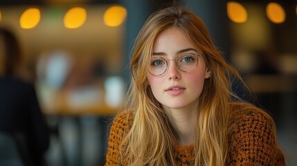 Young woman with glasses in a cozy cafe setting during daytime