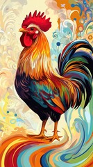 Colorful rooster painting with abstract background.