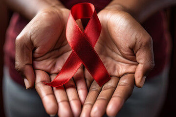 Zero Discrimination Day March 1st and AIDS awareness, photorealistic of red ribbon in the hands