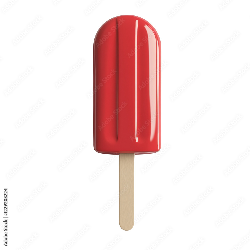 Poster a single red popsicle with three visible lines is shown on a light beige wooden stick against a blac