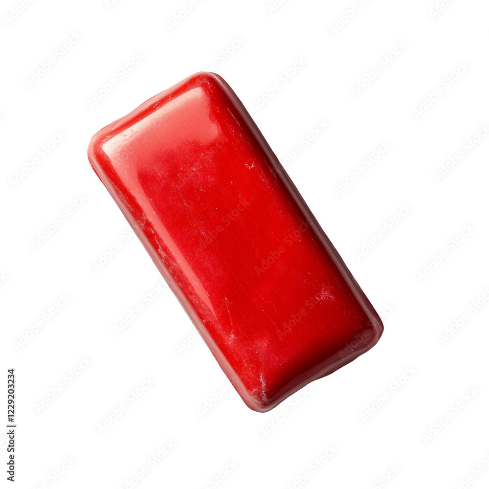 Poster a close-up image shows a single, rectangular bar of red soap against a black background.