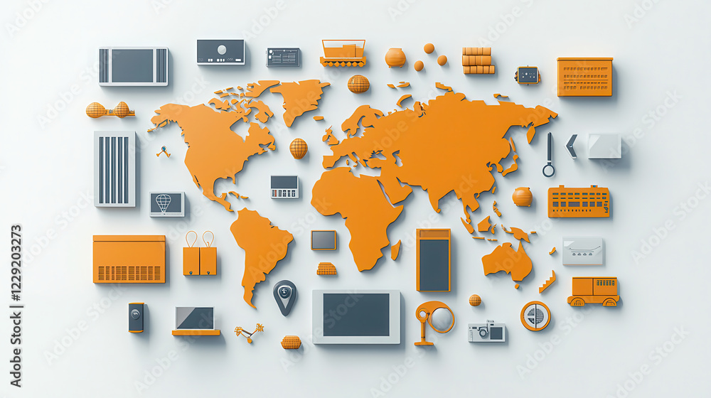 Aufkleber digital illustration showing world map with various export commodities represented in orange. design