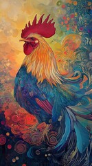 Fototapeta premium Colorful rooster painting with vibrant background.