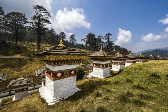 The 108 chorten or prayer shrines of Druk Wangyal at the Dochula Pass, Himalaya region, Bhutan, Asia