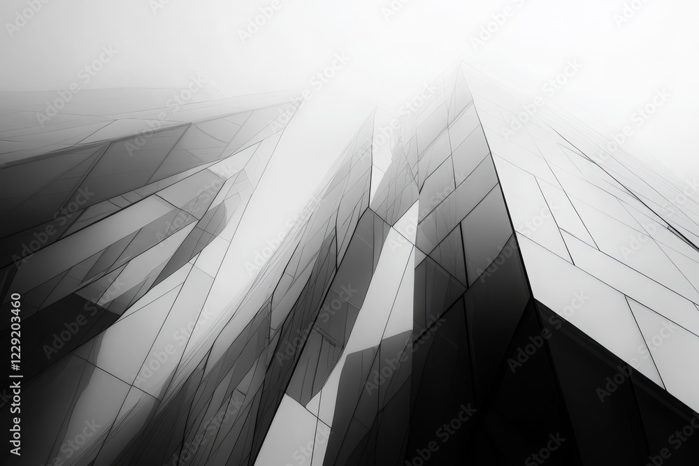 Poster abstract minimalistic architectural design featuring tall glass buildings in fog, showcasing geometr