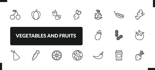 outline vegetables and fruits icons set. editable linear pepper, hazelnut, radishes, and other 14 icons in this category isolated on transparent background.