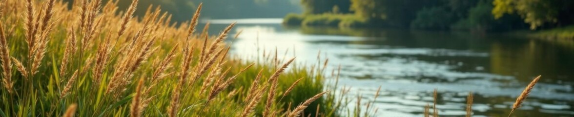 Tall grass and reeds swaying in wind near river, reeds, nature, foliage