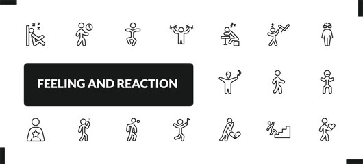 outline feeling and reaction icons set. editable linear impatient human, stupid human, strong human, and other 14 icons in this category isolated on transparent background.
