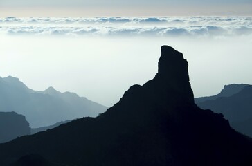 Evening mood, view from Mirador Degollada de Becerra to Roque Bentayga, Gran Canaria, Canary...
