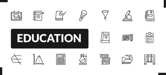 outline education icons set. editable linear school agenda, book and glasses, microphone with stand, and other 14 icons in this category isolated on transparent background.