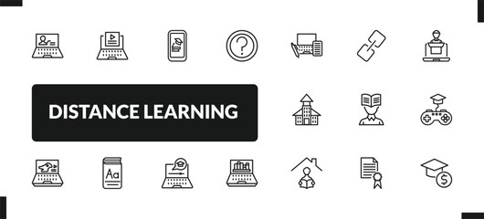 outline distance learning icons set. editable linear video tutorials, mobile learning, ask, and other 14 icons in this category isolated on transparent background.