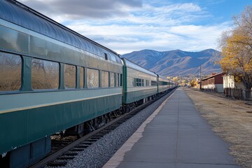 Fototapeta premium Green Passenger Train Idles Near Mountains