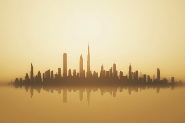 Fototapeta premium Silhouetted City Skyline Against a Golden Horizon during Sunrise with Reflections on Calm Water, Evoking a Sense of Tranquility and Urban Beauty