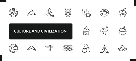 outline culture and civilization icons set. editable linear calumet, brazil soccer player, native american mask, and other 14 icons in this category isolated on transparent background.