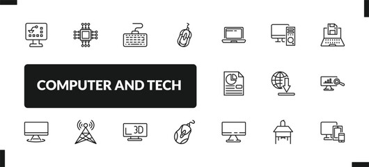 outline computer and tech icons set. editable linear square chip, keyboard with cable, mouse device, and other 14 icons in this category isolated on transparent background.