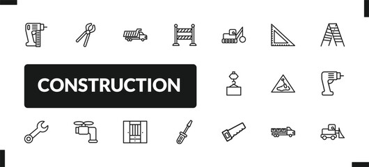 outline construction icons set. editable linear clippers, , road barrier, and other 14 icons in this category isolated on transparent background.