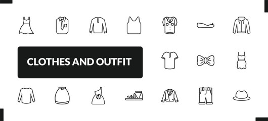 outline clothes and outfit icons set. editable linear collarless cotton shirt, nylon jacket, jersey blazer, and other 14 icons in this category isolated on transparent background.