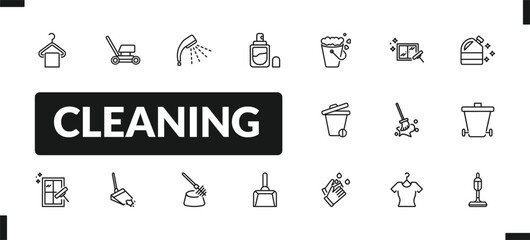 outline cleaning icons set. editable linear lawn mower, shower, perfume cleanin, and other 14 icons in this category isolated on transparent background.
