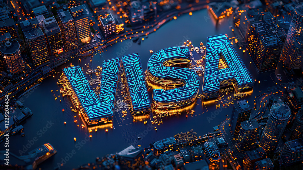 Poster futuristic text built from electric circuits, glowing in cityscape at night. vibrant blue lights ref