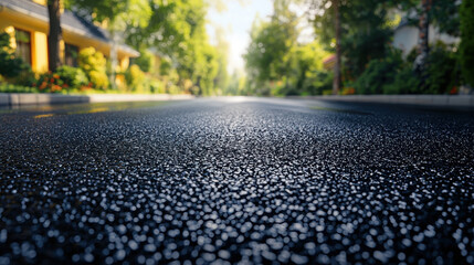 Fototapeta premium close up view of wet asphalt road surrounded by trees and houses, reflecting sunlight. scene evokes serene and peaceful atmosphere, perfect for quiet neighborhood