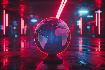 Illuminated tabletop globe with neon reflections on a glossy surface, AI generated