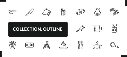 outline collection. outline icons set. editable linear big knife, tray and cover, lemonade with straw, and other 14 icons in this category isolated on transparent background.