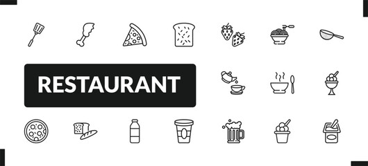 outline restaurant icons set. editable linear chicken thigh, pepperoni pizza slice, toasted bread, and other 14 icons in this category isolated on transparent background.